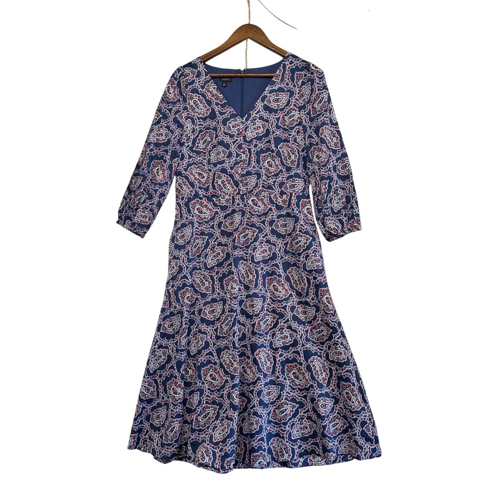 Talbots Midi Dress Women Size 6 Navy Blue Paisley Print V Neck 3/4 Sleeve Pocket - Picture 2 of 13